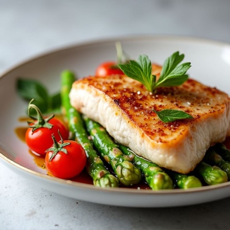 Seared Tuna Steak with Asparagus and Cherry Tomatoes