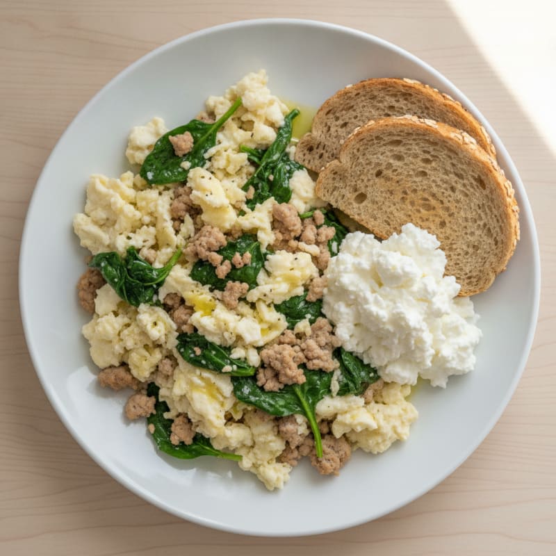Egg White and Turkey Spinach Scramble with Cottage Cheese