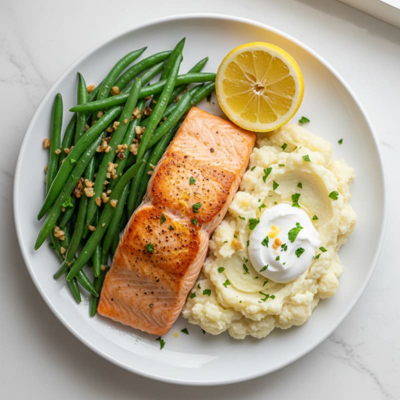 Seared Salmon with Garlic Green Beans and Mashed Cauliflower