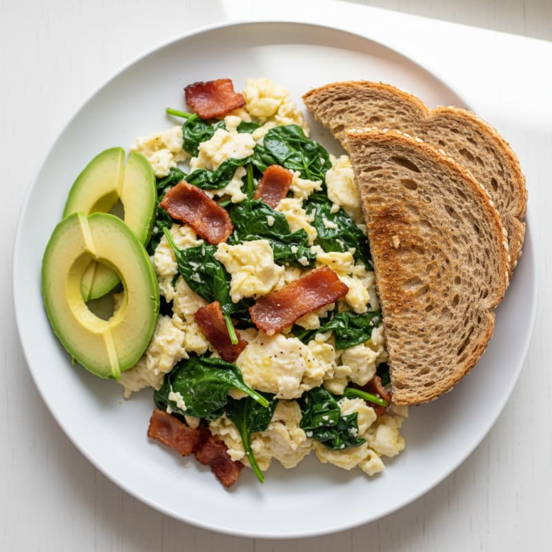 Crispy Turkey Bacon and Egg White Scramble with Sautéed Spinach