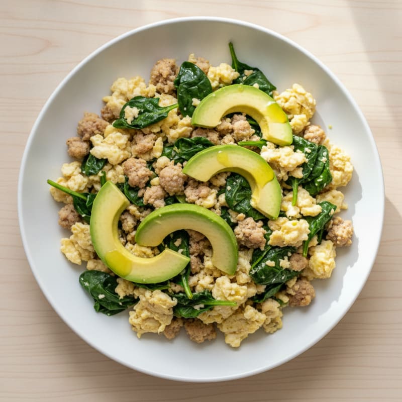 Egg White and Turkey Sausage Scramble with Sautéed Spinach