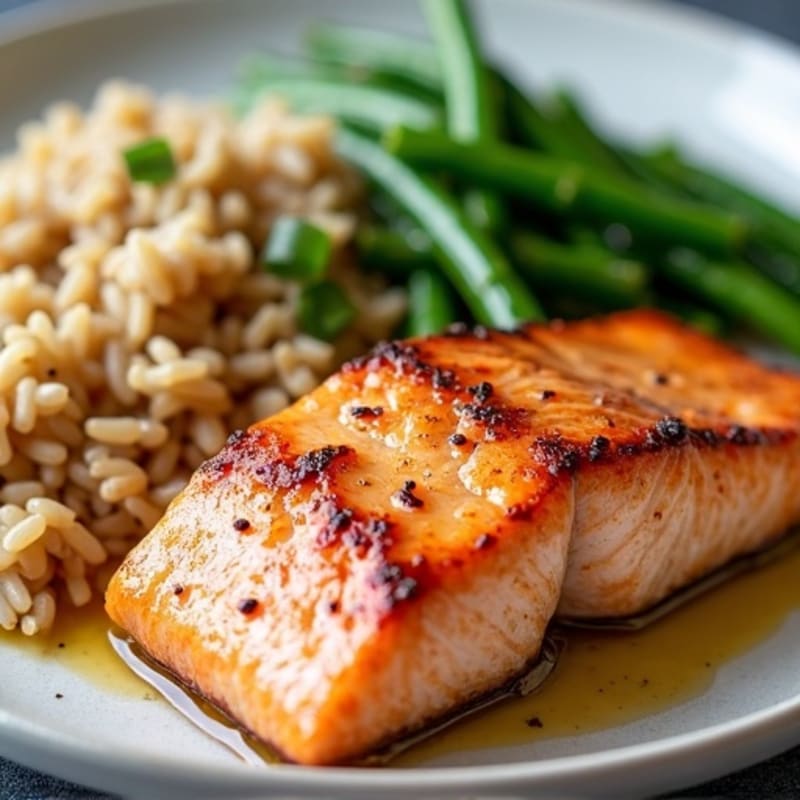 Seared Salmon Filet with Garlic Green Beans and Brown Rice