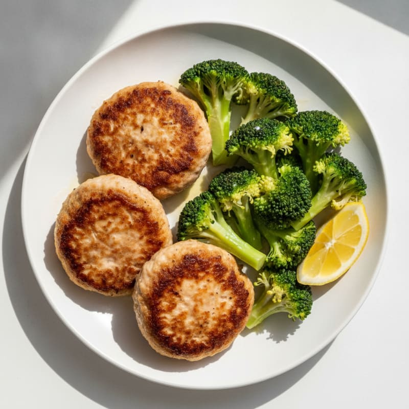 Seared Turkey Patties with Steamed Broccoli and Lemon