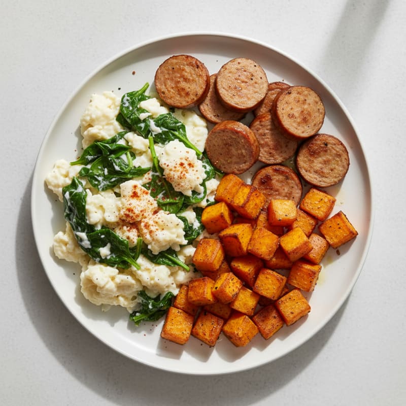 Egg White Spinach Scramble with Turkey Sausage and Roasted Sweet Potato