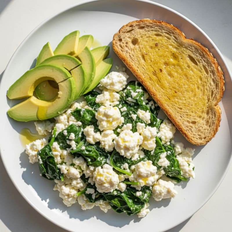 Egg White Spinach Scramble with Cottage Cheese and Sliced Avocado