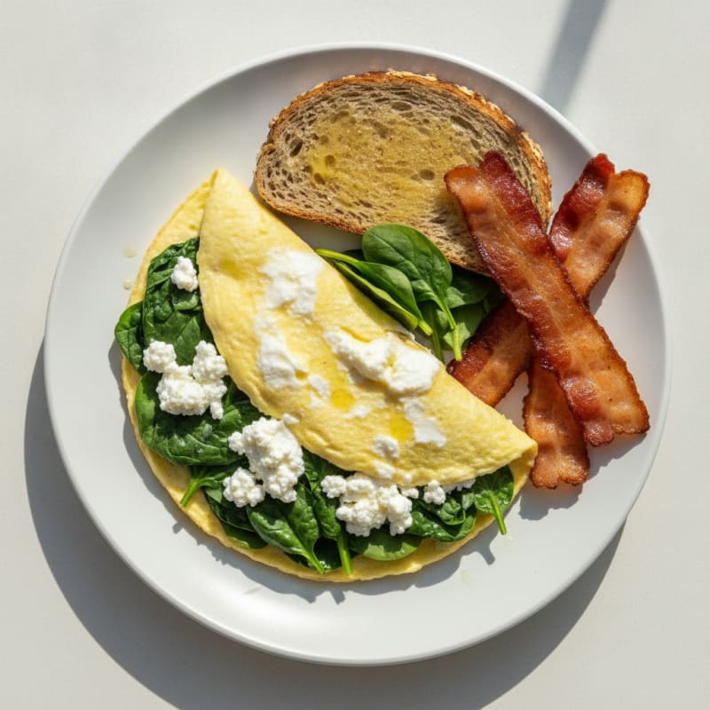 Egg White Spinach Omelette with Cottage Cheese and Turkey Bacon