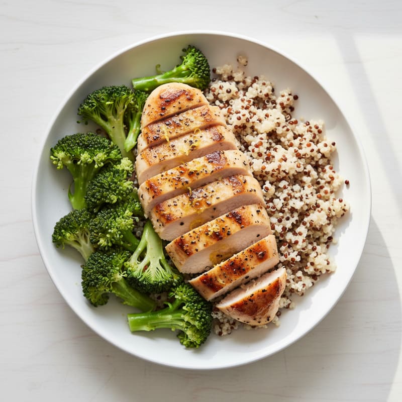 Grilled Lemon Pepper Chicken Breast with Quinoa and Steamed Broccoli