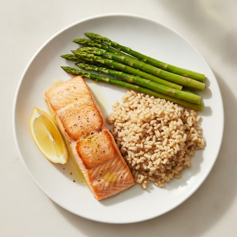 Seared Salmon with Steamed Asparagus and Brown Rice