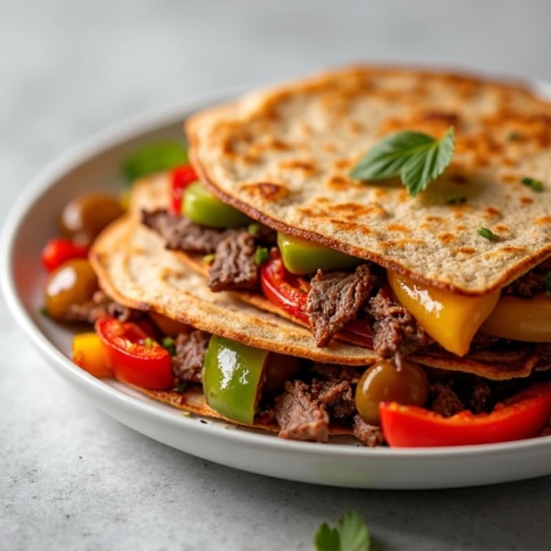 Lean Steak and Crispy Whole Wheat Quesadillas with Peppers
