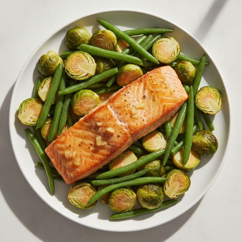 Pan-Seared Salmon with Sautéed Brussels Sprouts and Green Beans