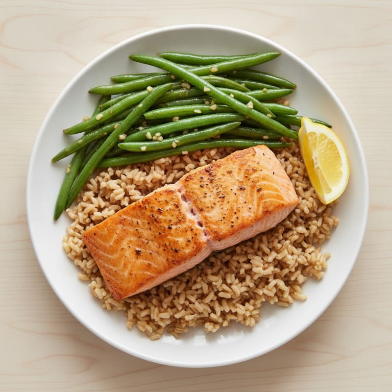 Seared Salmon with Garlic Green Beans and Brown Rice