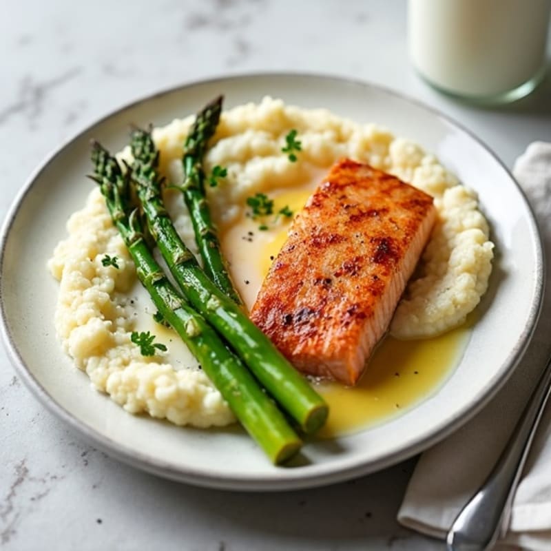 Seared Salmon with Steamed Asparagus and Cauliflower Mash