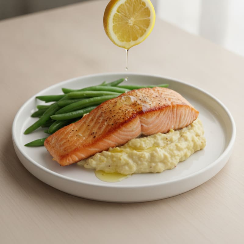 Seared Salmon with Steamed Green Beans and Cauliflower Mash