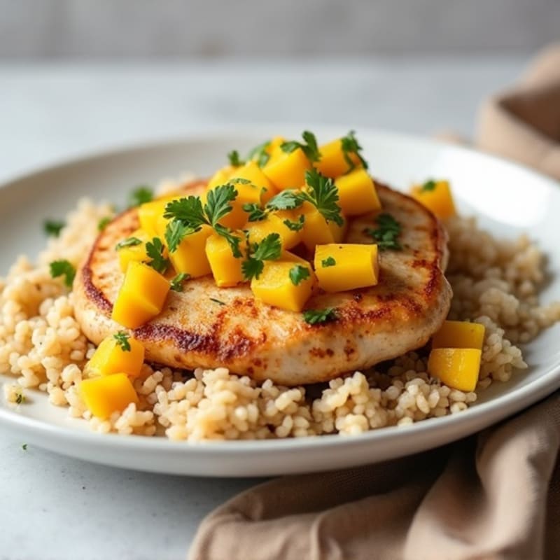 Pan-Seared Chicken with Creamy Coconut Brown Rice and Fresh Mango Salsa