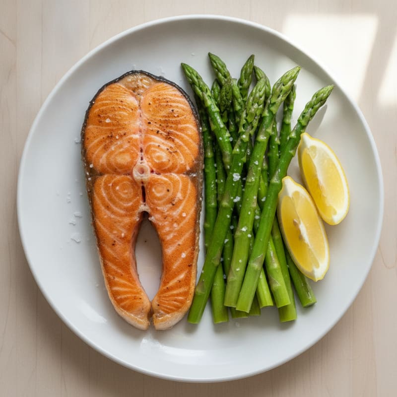 Seared Salmon Fillet with Steamed Asparagus and Lemon