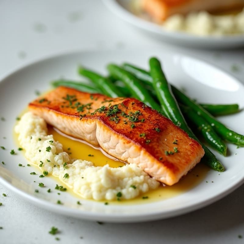Seared Salmon with Steamed Green Beans and Cauliflower Mash