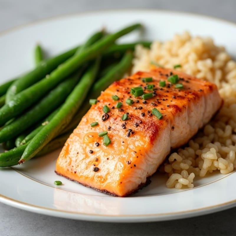 Seared Salmon with Garlic Green Beans and Brown Rice
