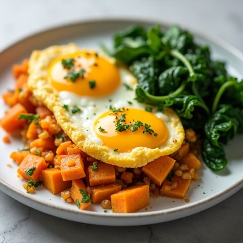 Fluffy Scrambled Eggs with Sautéed Greens and Sweet Potato Hash