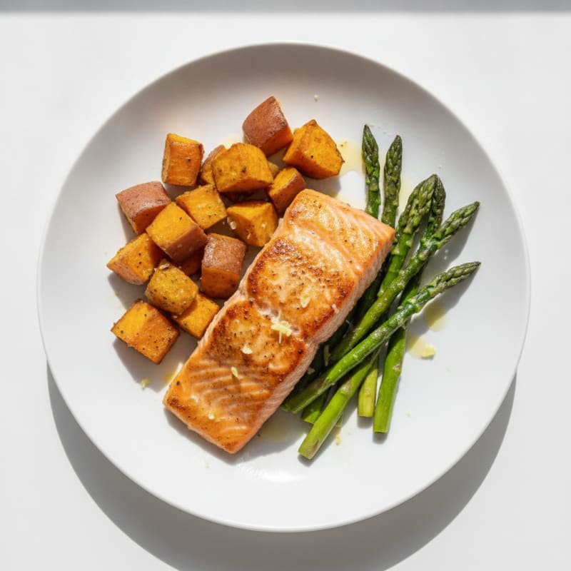 Seared Salmon Fillet with Roasted Sweet Potatoes and Asparagus