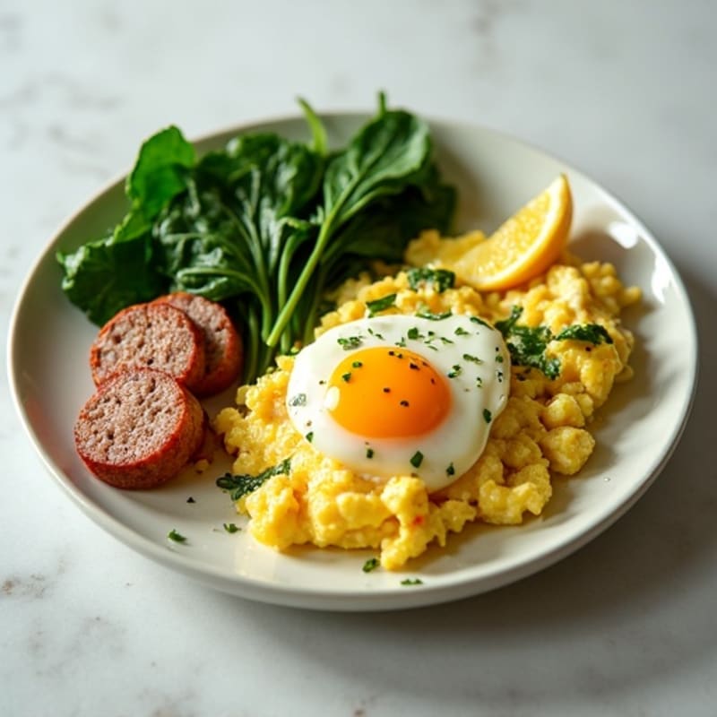 Egg White Scramble with Turkey Sausage and Sautéed Spinach