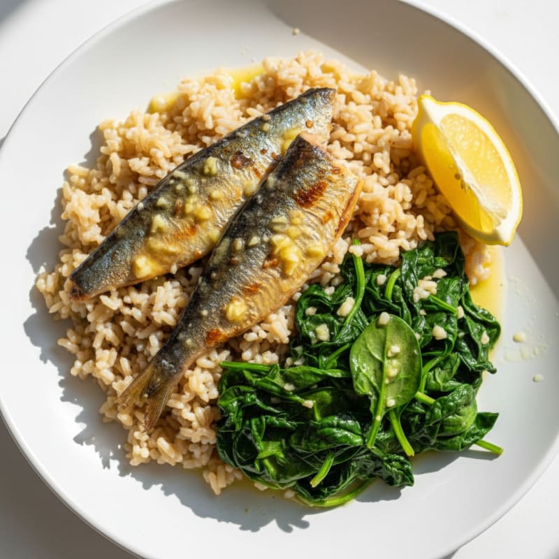 Pan-Seared Sardines with Lemon-Garlic Spinach and Brown Rice