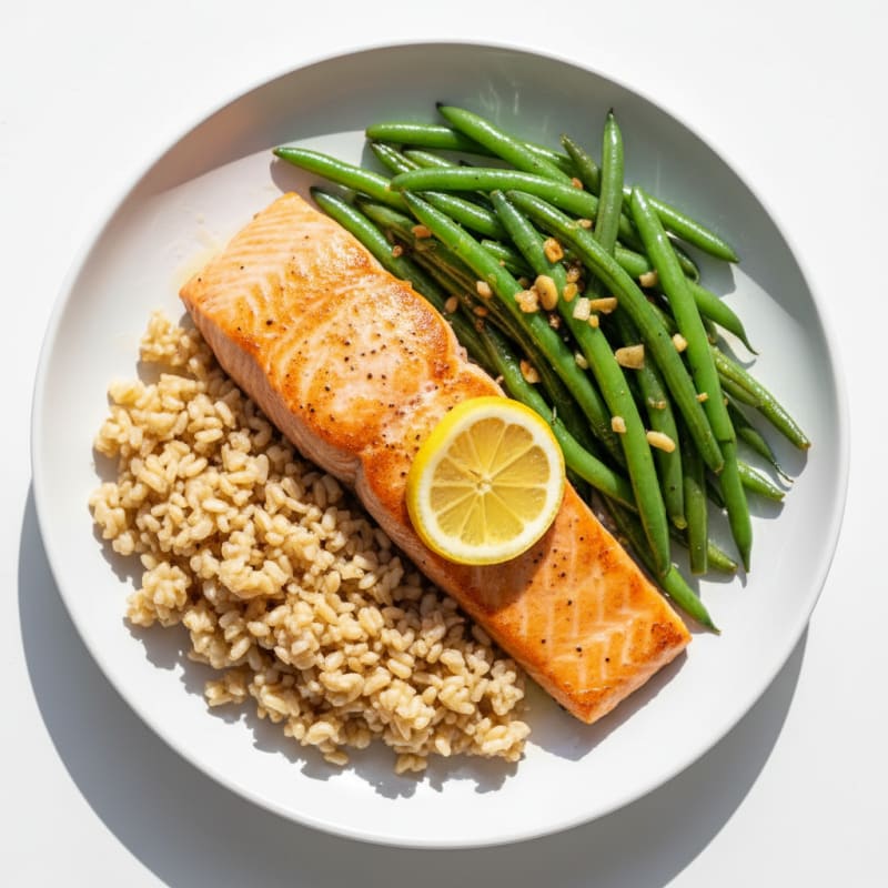 Seared Salmon Fillet with Garlic Green Beans and Brown Rice
