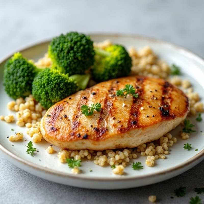 Grilled Chicken Breast with Creamy Quinoa and Roasted Broccoli