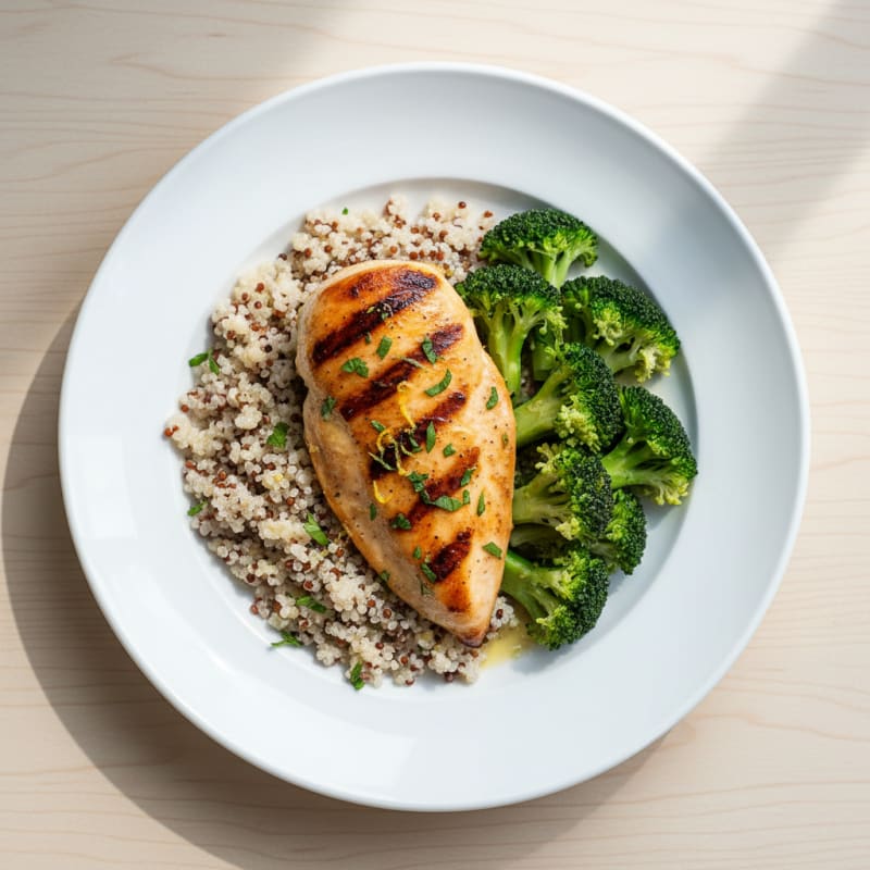 Grilled Chicken Breast with Steamed Broccoli and Quinoa