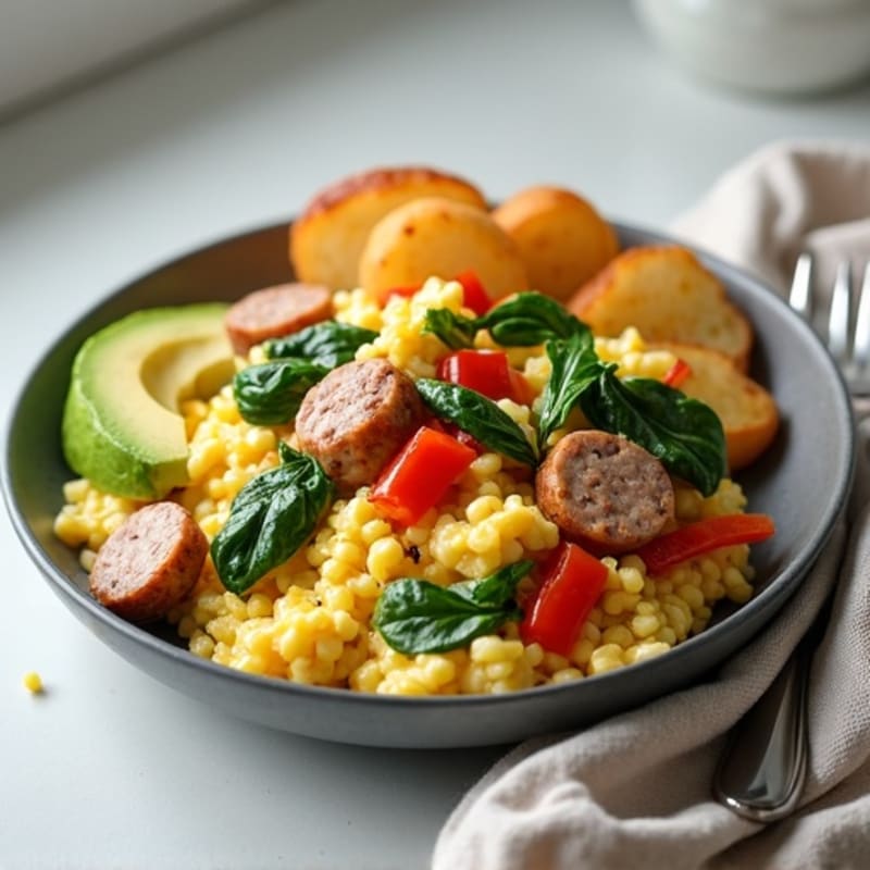Egg White and Turkey Sausage Scramble with Spinach and Bell Peppers