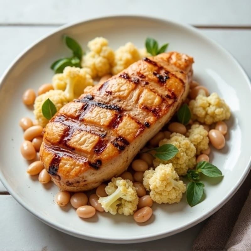 Grilled Chicken Breast with Roasted Cauliflower and White Beans