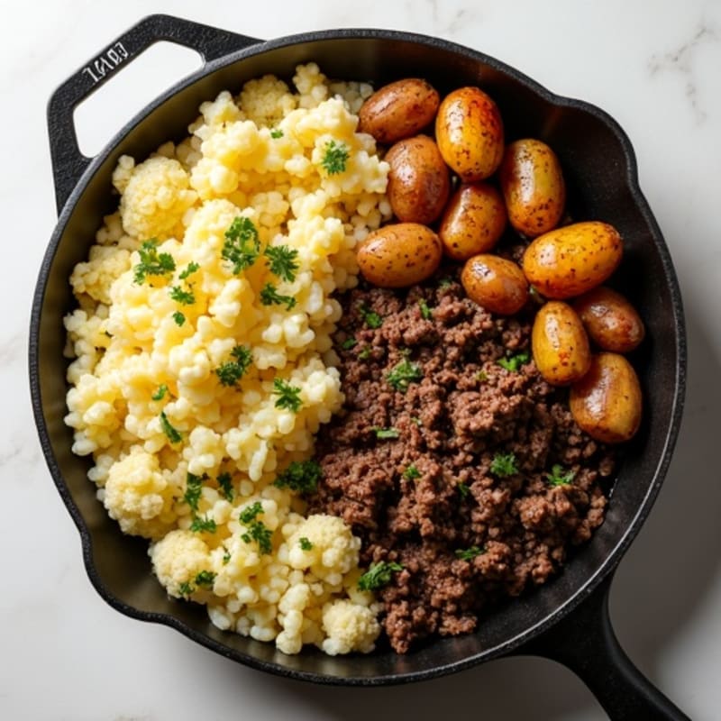 Herb-Seasoned Ground Beef Skillet with Roasted Baby Potatoes and Cauliflower Pasta