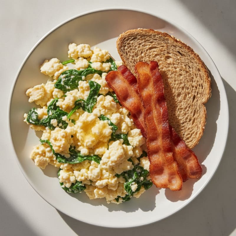 Cottage Cheese Egg Scramble with Spinach and Turkey Bacon