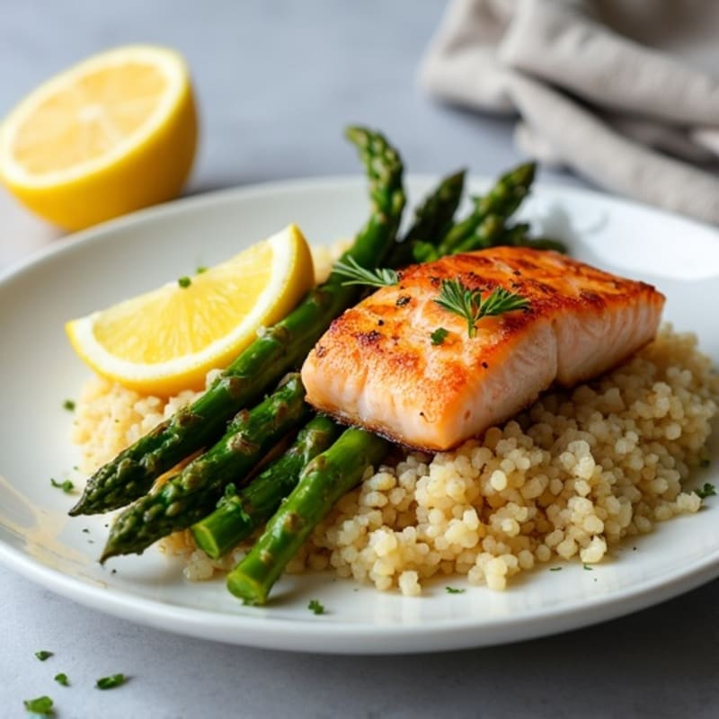 Seared Salmon with Roasted Asparagus, Lemon, and Quinoa