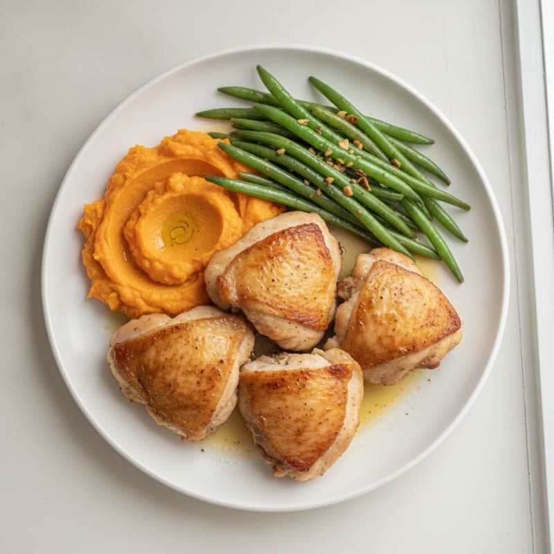 Seared Chicken Thighs with Garlic Green Beans and Sweet Potato Mash