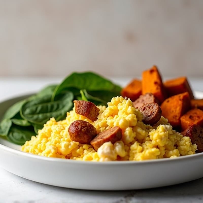 Egg White and Turkey Sausage Scramble with Spinach and Roasted Sweet Potatoes