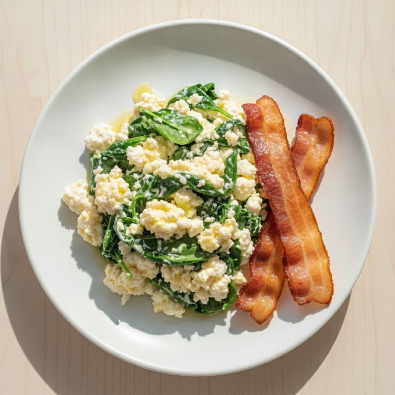 Cottage Cheese Egg Scramble with Spinach and Turkey Bacon