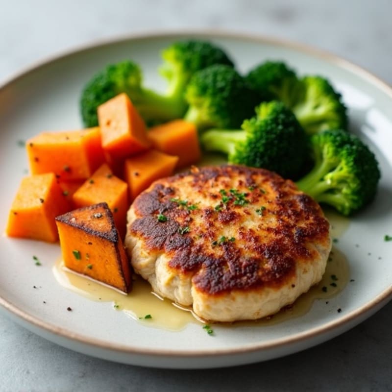 Seared Turkey Patties with Roasted Sweet Potato and Steamed Broccoli