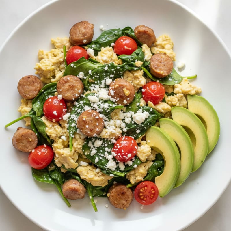 Egg White and Turkey Sausage Scramble with Spinach and Tomatoes