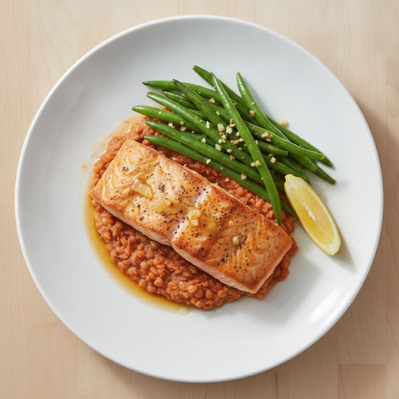 Seared Salmon with Garlic Green Beans and Lentil Mash