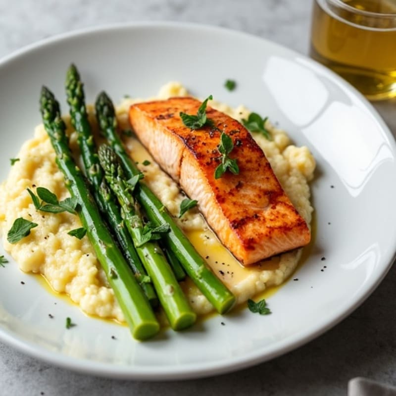 Seared Salmon with Steamed Asparagus and Cauliflower Mash