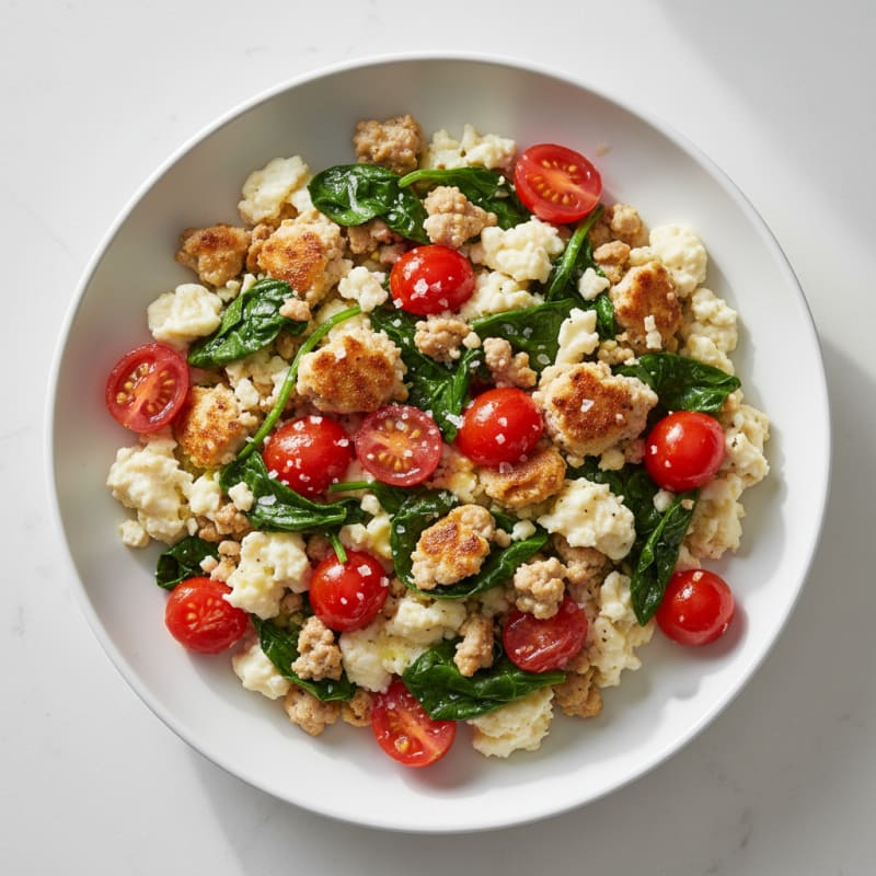 Egg White and Turkey Spinach Scramble with Cherry Tomatoes