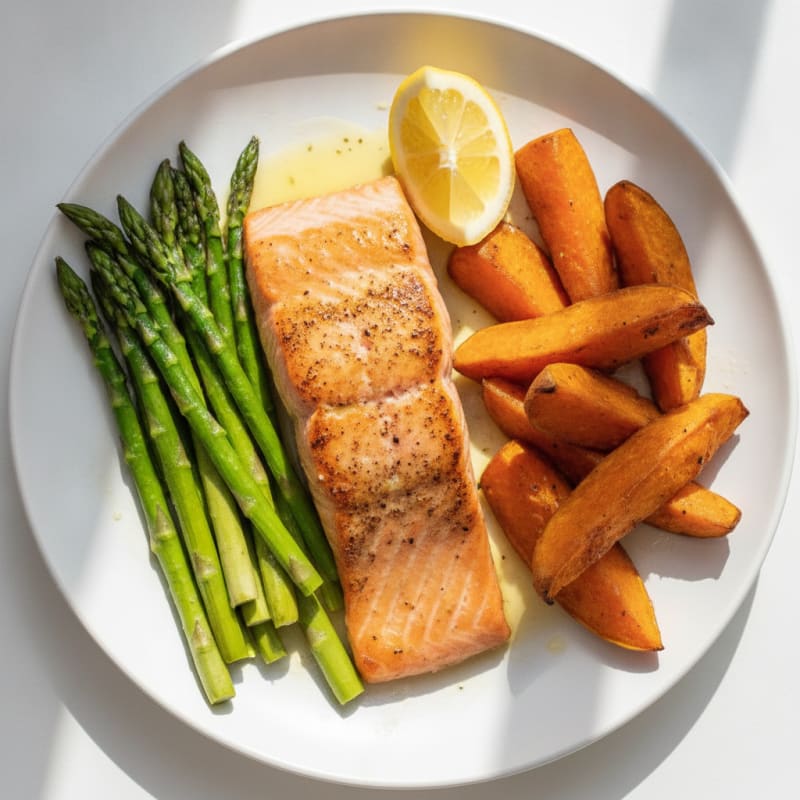 Seared Salmon with Roasted Sweet Potato and Asparagus