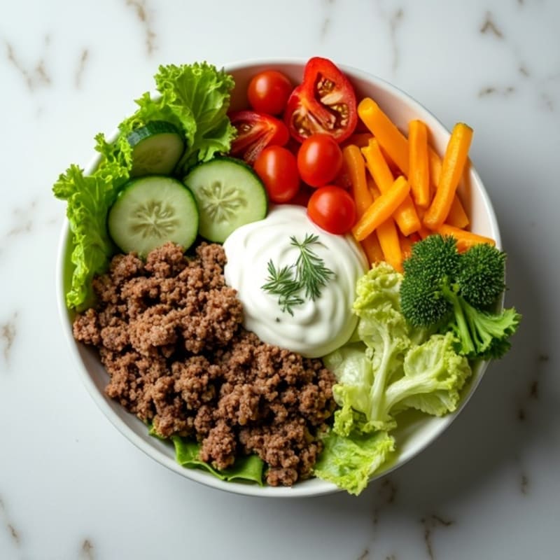 Lean Ground Beef and Fresh Veggie Bowl with Creamy Dill Pickle Dressing