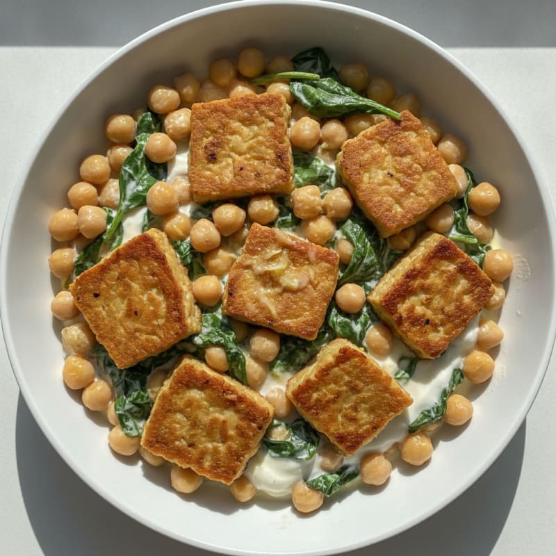 Creamy Chickpea and Spinach Skillet with Seared Tempeh