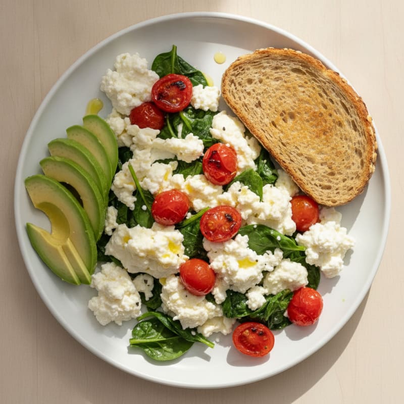 Egg White and Spinach Scramble with Cottage Cheese and Cherry Tomatoes