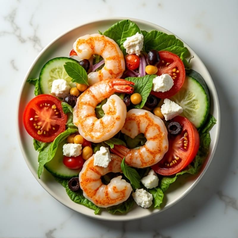 Fresh Chopped Vegetable Salad with Feta and Olives with Grilled Shrimp