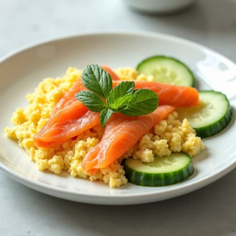 Egg White and Smoked Salmon Scramble with Cucumber Slices
