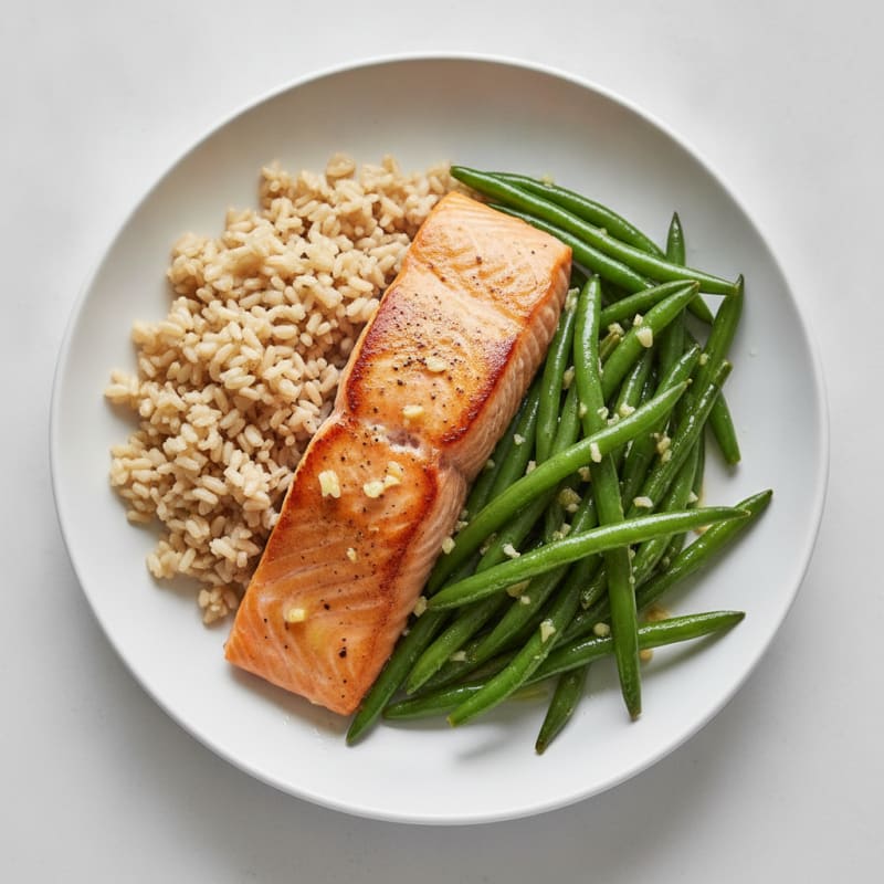 Seared Salmon Fillet with Garlic Green Beans and Brown Rice