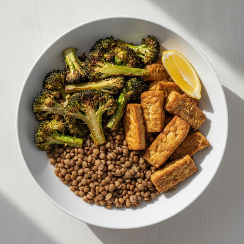 Lentil and Tempeh Power Bowl with Roasted Broccoli