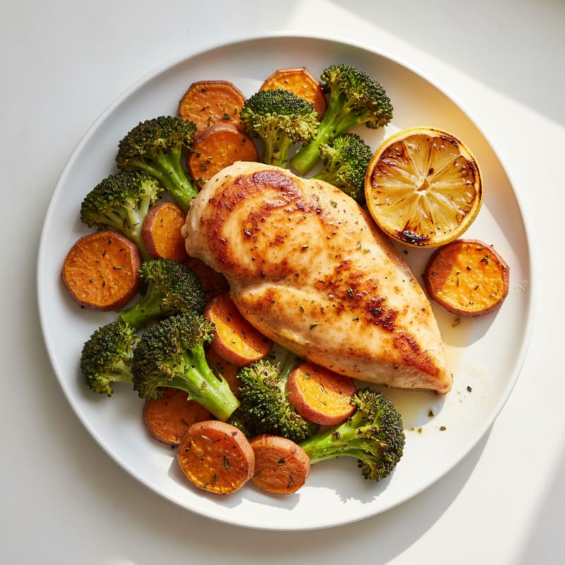 Seared Chicken Breast with Roasted Broccoli and Sweet Potato
